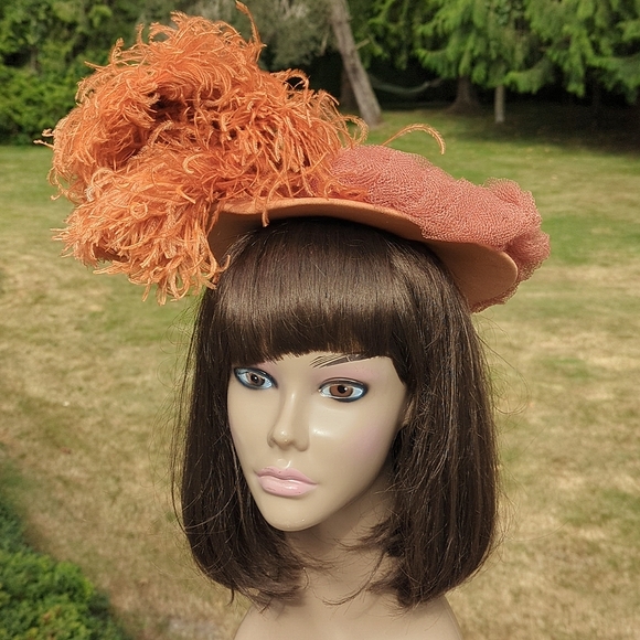 Vintage 40s Copper Ostrich Feather Tilt Hat - Picture 3 of 11